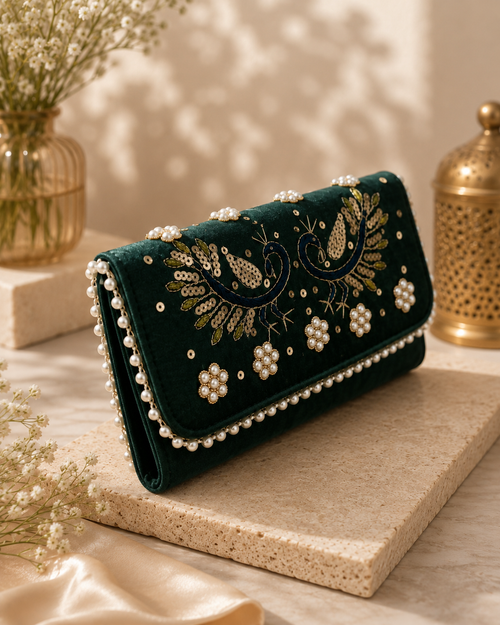 Handcrafted Velvet Peacock Embroidered Clutch for Women with Pearl Work