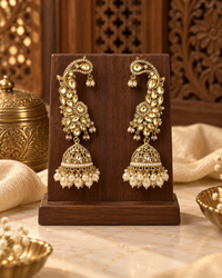Traditional Kundan Jhumka Earrings with Pearl Drops for Women | Gold-Tone Ethnic Jewellery