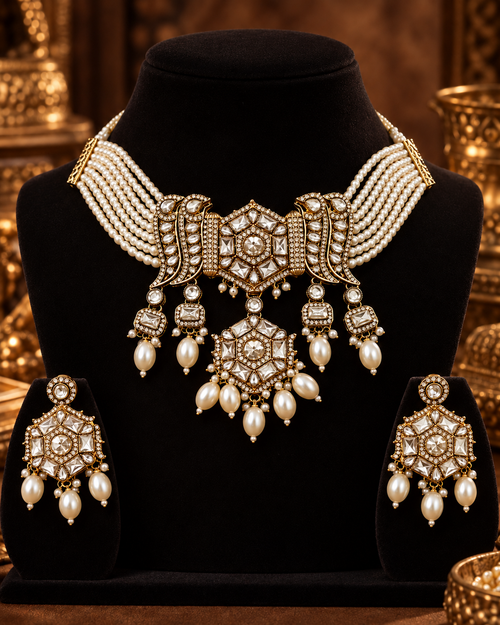 Premium Festive Necklace Set for Women with Pearl Detailing, Heavy Bridal Style Necklace & Earrings for Wedding, Karwa Chauth, Diwali, Festive Functions & Cocktail Parties