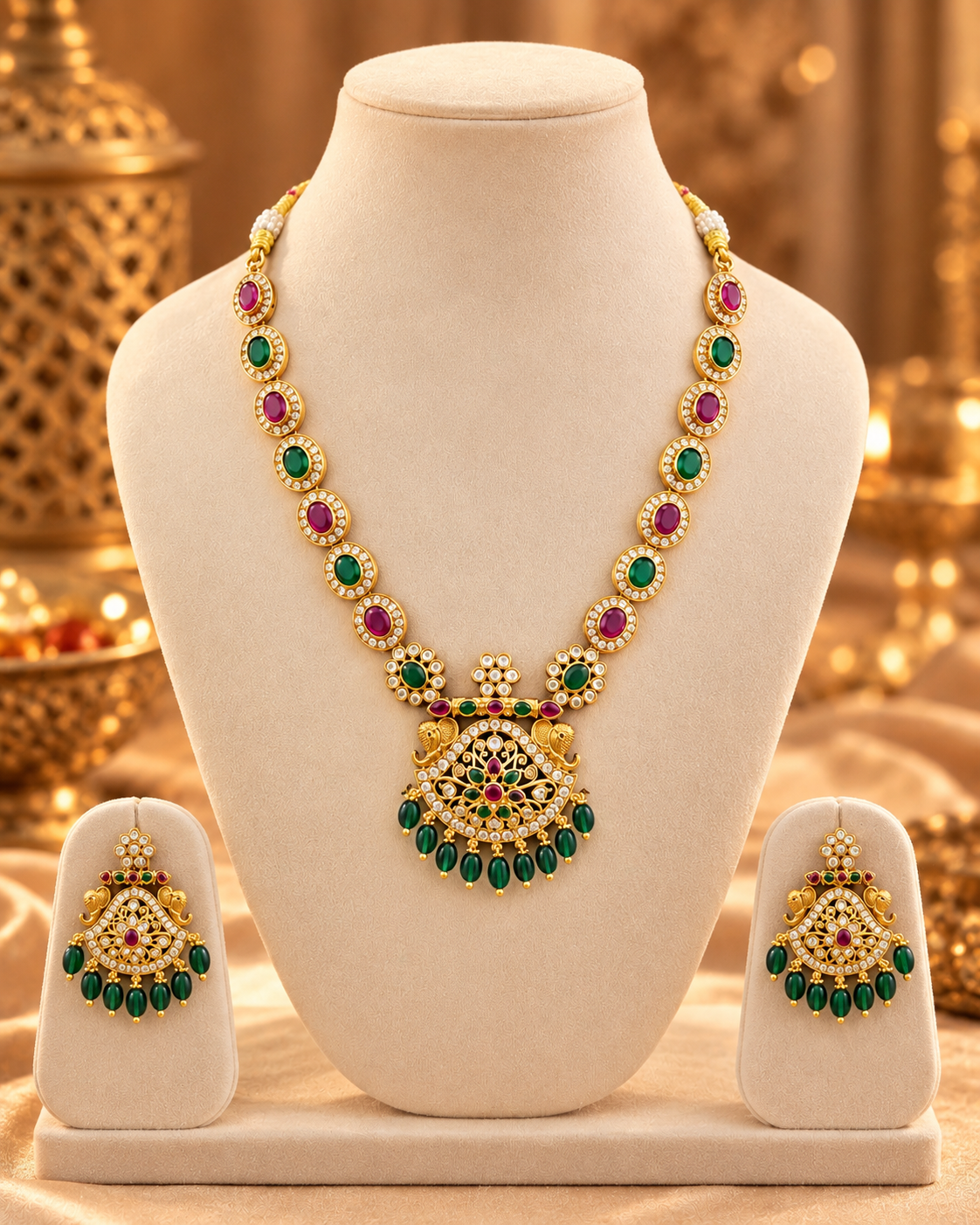 South Indian Style Necklace Set for Women, Multicolour Gold-Look Temple Jewellery with Necklace & Earrings, Traditional Wedding & Festive Jewellery