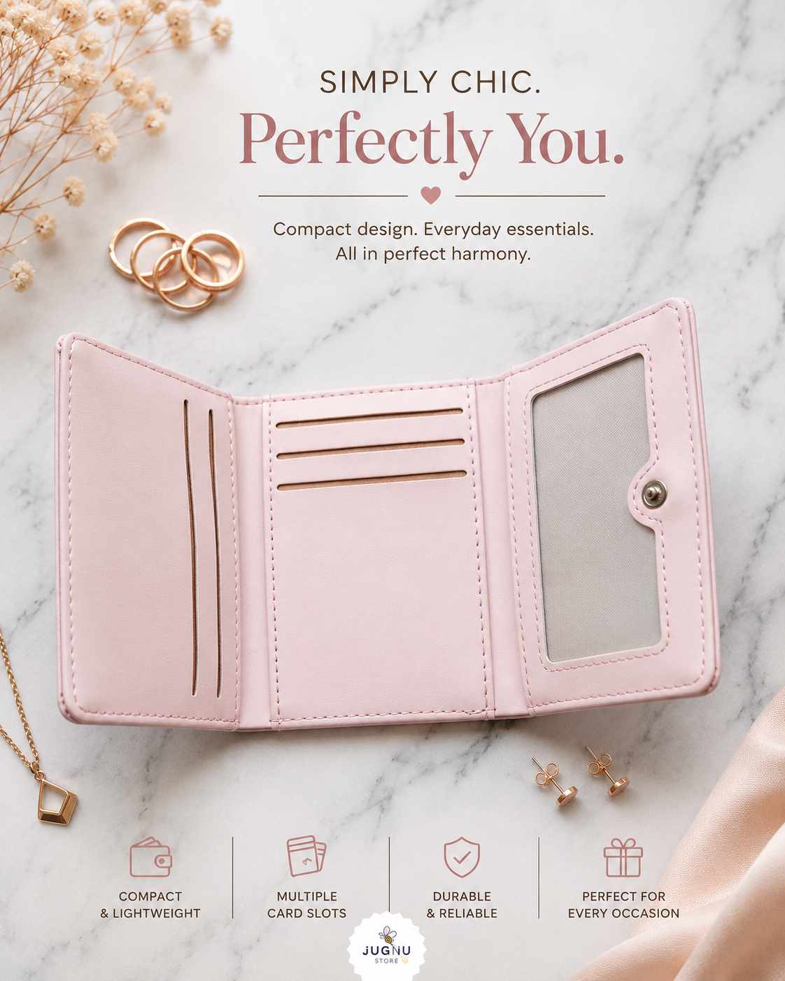 Cute Puppy Three-Fold Wallet for Women & Girls with Card Slots and ID Window | Compact Kawaii Wallet