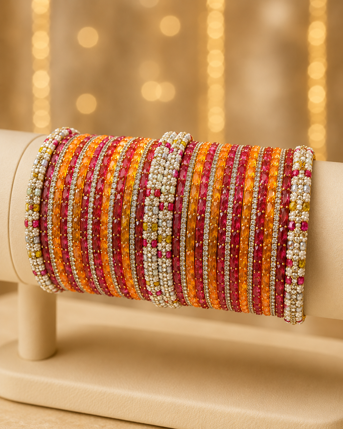 Rani Pink & Mango Designer Bangles Set with Pearl Detailing