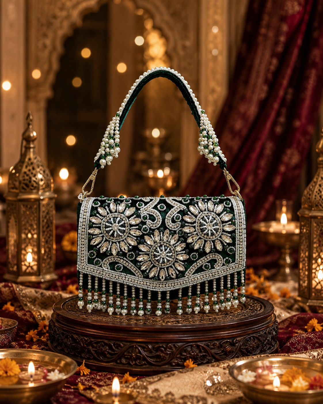 Emerald Green Embellished Pearl Handbag | Wedding Party Purse