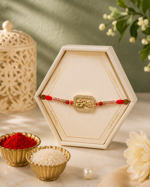 AD Bro Rakhi for Brother | Premium Designer American Diamond OM Thread Rakhi, Handmade Luxury Raksha Bandhan Rakhi Gift for Bhai | Stylish Spiritual Rakhi | Jugnu Store
