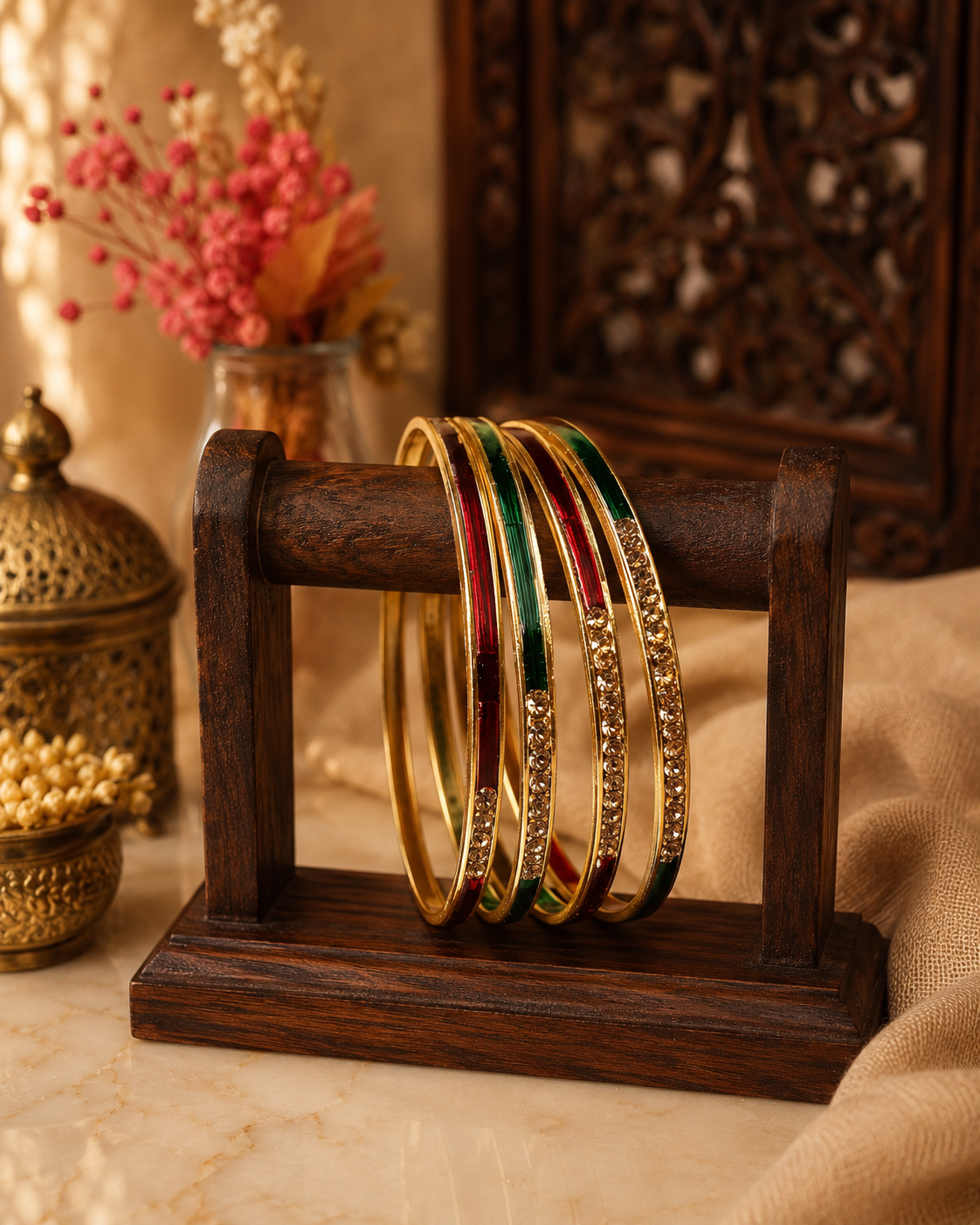 Jugnu Heritage Red & Green Bangle Set