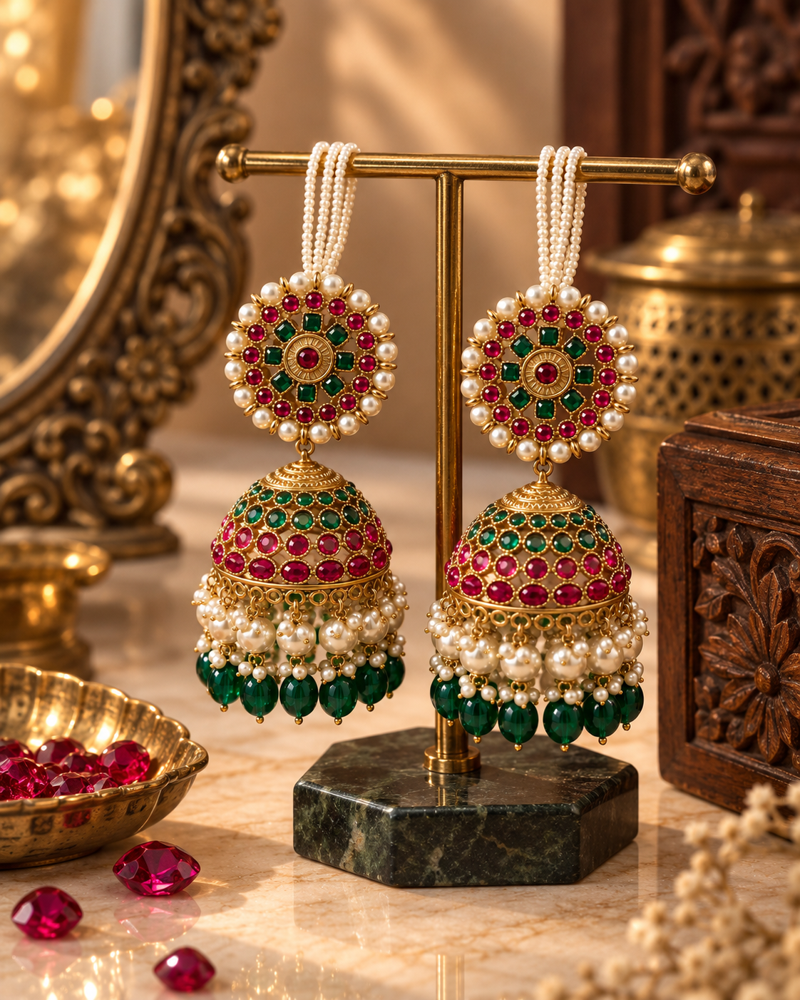 Premium Jhumki Earrings for Women, Pearl & Stone Studded Traditional Indian Ethnic Earrings for Karwa Chauth, Wedding, Diwali, Festive & Party Wear