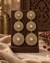 Pearl Drop Earrings for Women, Long Gold-Tone Pearl Statement Earrings with Round Pearl Motif & Crystal Detailing, Traditional Ethnic Jewellery for Wedding, Party & Festive Wear