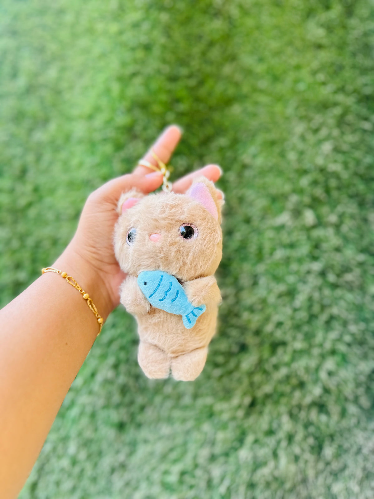 Cute Cat Plush Keychain with Fish | Soft Furry Cat Bag Charm & Keyring | 3 Colour Variants