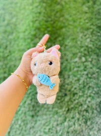 Cute Cat Plush Keychain with Fish | Soft Furry Cat Bag Charm & Keyring | 3 Colour Variants