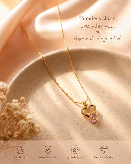 Premium Anti Tarnish Pink Crystal Heart Pendant Necklace for Women | 18K Gold PVD Coated | Waterproof & Hypoallergenic