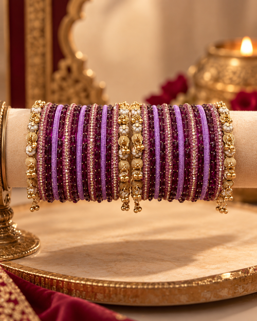 Lavender Purple Bangles for Women with Pastel Kadas & Ghunghru, Traditional Kangan Jewellery for Wedding, Festive, Teej & Party Wear, Size 2.6