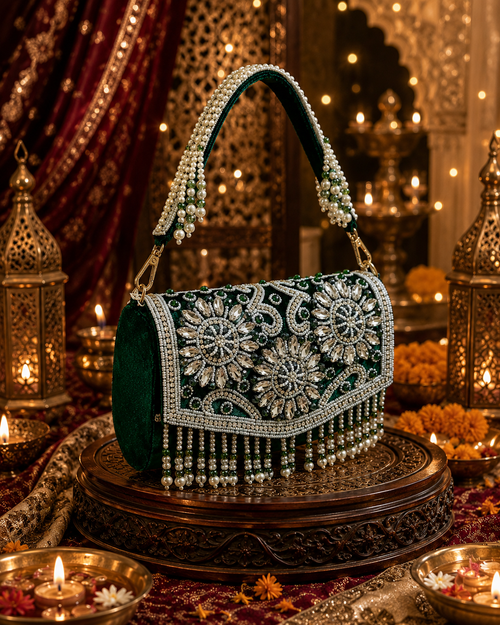 Emerald Green Embellished Pearl Handbag | Wedding Party Purse