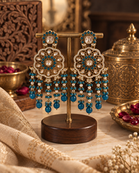 Statement Chandbali Earrings for Women, Blue Stone Ethnic Indian Jewellery with Pearl Bead Drops, Traditional Designer Earrings for Wedding, Festive & Party Wear