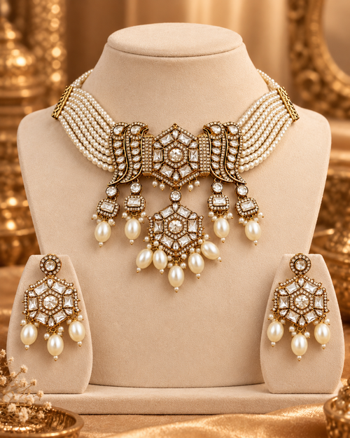 Premium Festive Necklace Set for Women with Pearl Detailing, Heavy Bridal Style Necklace & Earrings for Wedding, Karwa Chauth, Diwali, Festive Functions & Cocktail Parties