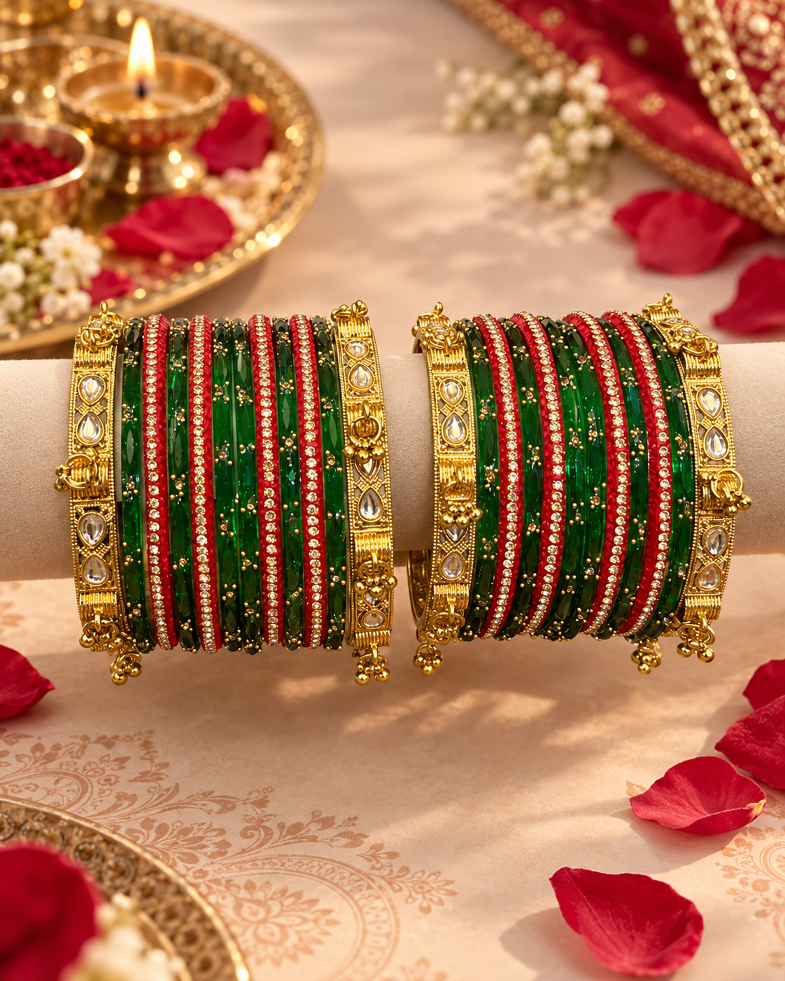 Red & Emerald Green Glass Bangle Set for Women, Designer Stone Studded Kangan Chooda, Traditional Wedding Festive Jewellery, Sizes 2.6 & 2.8