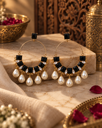 Hoop Earrings for Women, Statement Drop Earrings with Geometric Stones & Pearl Dangles, Gold-Tone Fashion Jewellery for Party, Festive & Wedding Wear