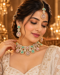 Premium Indian Necklace Set for Women with Earrings & Maang Tikka, Heavy-Look Lightweight Bridal Jewellery Set for Karwa Chauth, Diwali, Weddings & Festive Parties, Two Colours