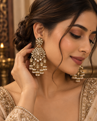 Chandbali Earrings for Women, Traditional Indian Ethnic Jewellery with Crystal-Style Stones & Pearl Jhumka Drops, Statement Earrings for Wedding & Festive Wear