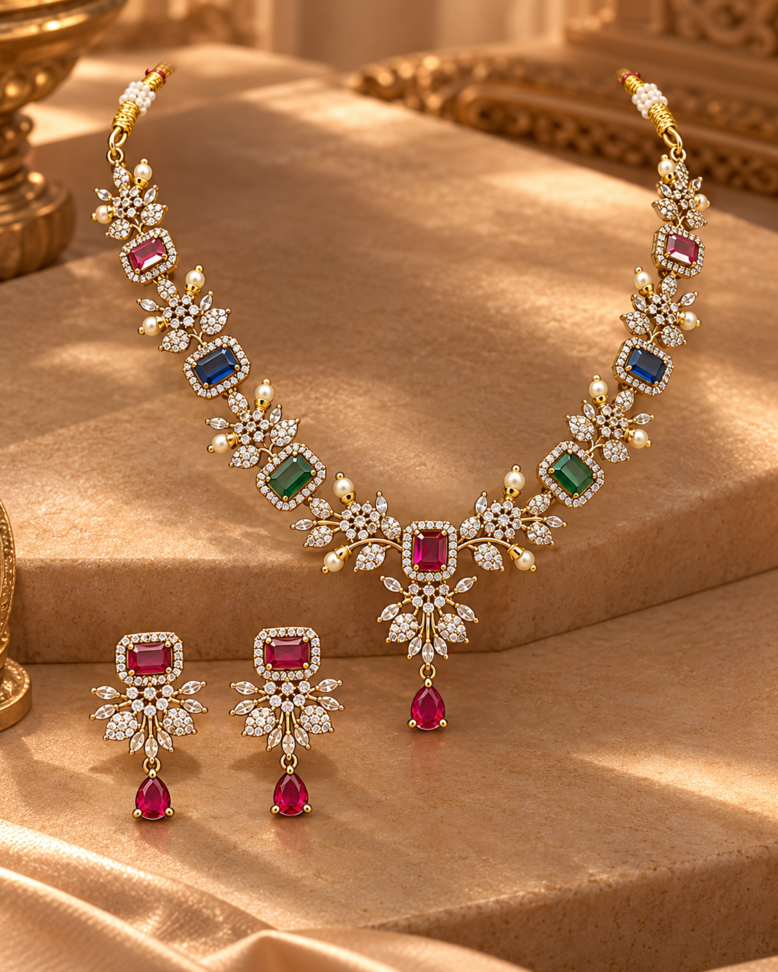 Premium Festive Indian AD Necklace Set with Earrings & Bangle Set, Multicolor Stone Heavy Look Jewellery Set for Women, Karwa Chauth, Wedding, Diwali & Party Wear- 2.6 & 2.8