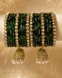 Dark Emerald Designer Bangles Set with Jhumka Charms for Women