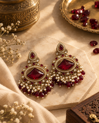 Premium Festive Indian Earrings for Women, Heavy-Look Lightweight Statement Earrings with Red Stones & Pearl Bead Detailing for Karwa Chauth, Diwali, Weddings & Functions