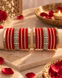 Red Bridal Bangle Set for Women, Designer Chooda Kangan with Stone Studded Gold Detailing, Traditional Wedding Jewellery for Festive Wear, Sizes 2.4 2.6 & 2.8