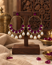 Hoop Earrings for Women, Statement Drop Earrings with Geometric Stones & Pearl Dangles, Gold-Tone Fashion Jewellery for Party, Festive & Wedding Wear