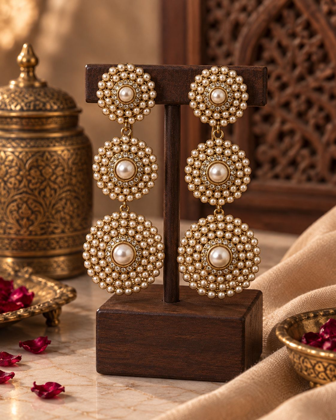 Pearl Drop Earrings for Women, Long Gold-Tone Pearl Statement Earrings with Round Pearl Motif & Crystal Detailing, Traditional Ethnic Jewellery for Wedding, Party & Festive Wear