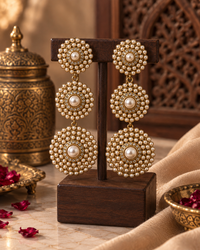 Pearl Drop Earrings for Women, Long Gold-Tone Pearl Statement Earrings with Round Pearl Motif & Crystal Detailing, Traditional Ethnic Jewellery for Wedding, Party & Festive Wear