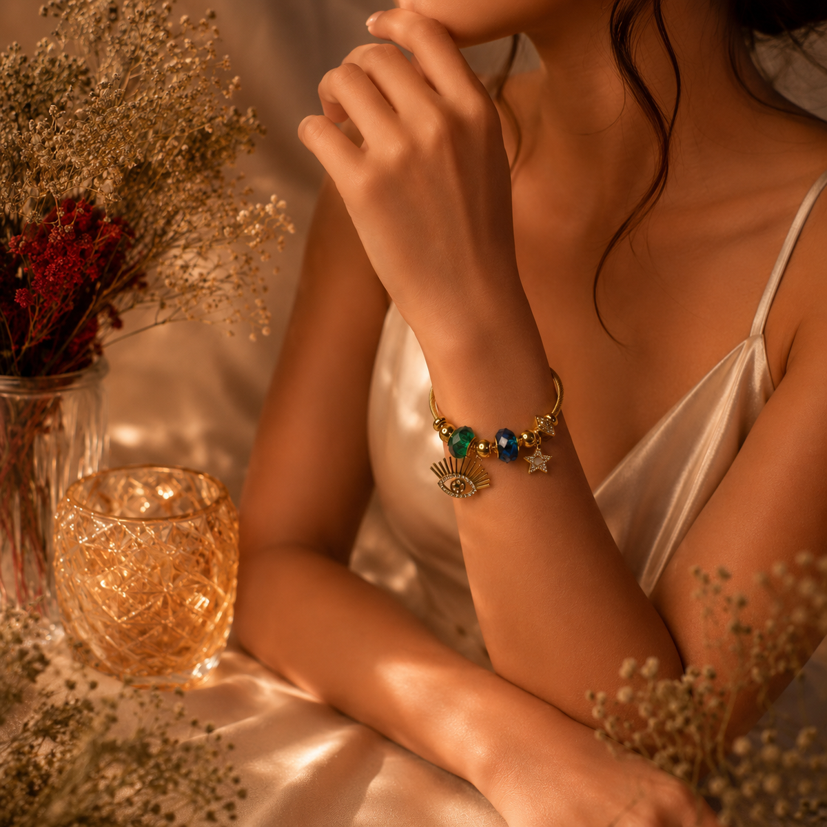 Premium Anti Tarnish Evil Eye & Star Charm Bracelet for Women | Gold Stainless Steel Crystal Beaded Bracelet | Waterproof Adjustable Tarnish-Free Jewelry