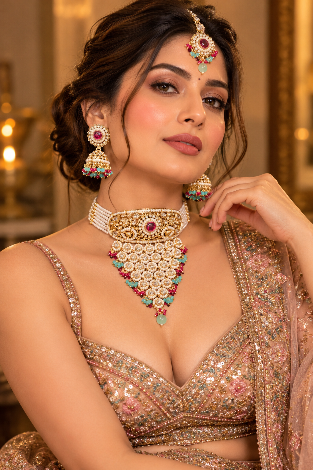 Jugnu Store Heavy Look Bridal Choker Necklace Set for Women with Jhumka Earrings and Maang Tikka, Traditional Indian Jewellery for Wedding, Festive Wear and Parties
