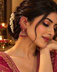 Pink Fish Design Earcuffs with Hair Chain | Traditional Gold-Tone Ethnic Jewellery