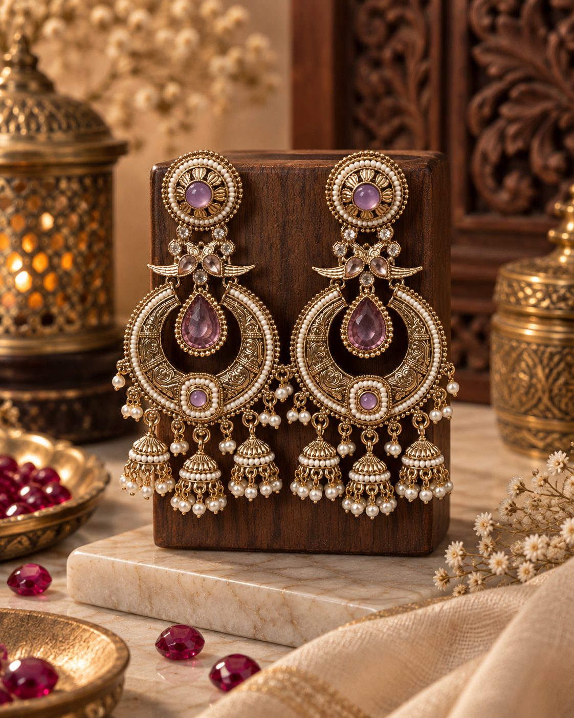 Statement Jhumka Earrings for Women, Traditional Indian Ethnic Jewellery with Purple Stones & Pearl Details, Long Designer Earrings for Wedding & Festive Wear