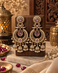 Statement Jhumka Earrings for Women, Traditional Indian Ethnic Jewellery with Purple Stones & Pearl Details, Long Designer Earrings for Wedding & Festive Wear