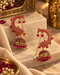 Pink Fish Design Earcuffs with Hair Chain | Traditional Gold-Tone Ethnic Jewellery