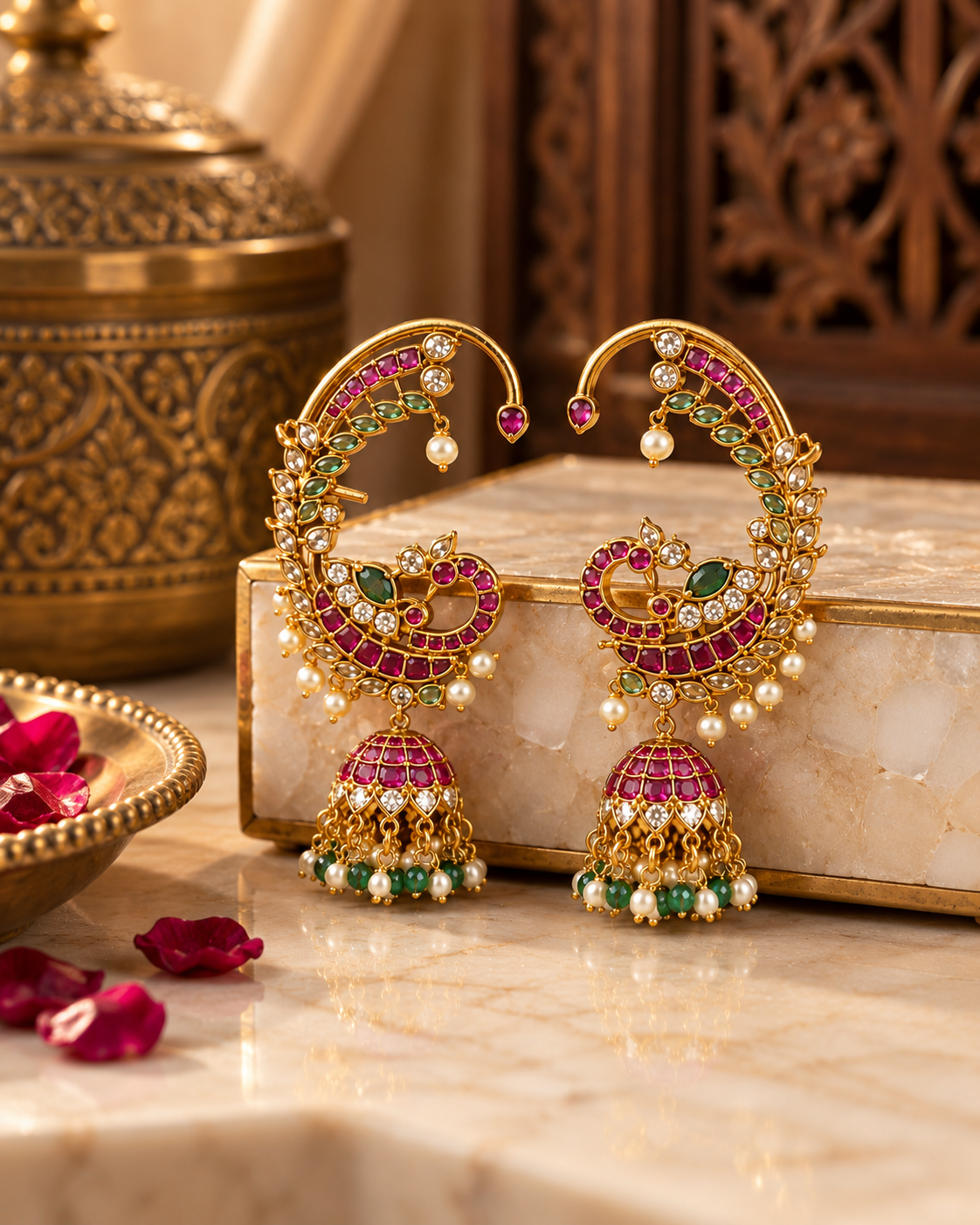 South Indian Style Ear Cuff Earrings for Women, Traditional Kundan-Inspired Jhumka Design with Pearl & Green Bead Details, Festive Ethnic Jewellery for Wedding & Celebrations