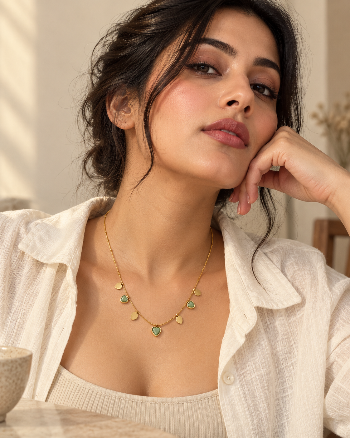 Gold Green Heart Necklace for Women | Dainty Charm Necklace with Green Heart & Disc Charms | Trendy Everyday Jewellery