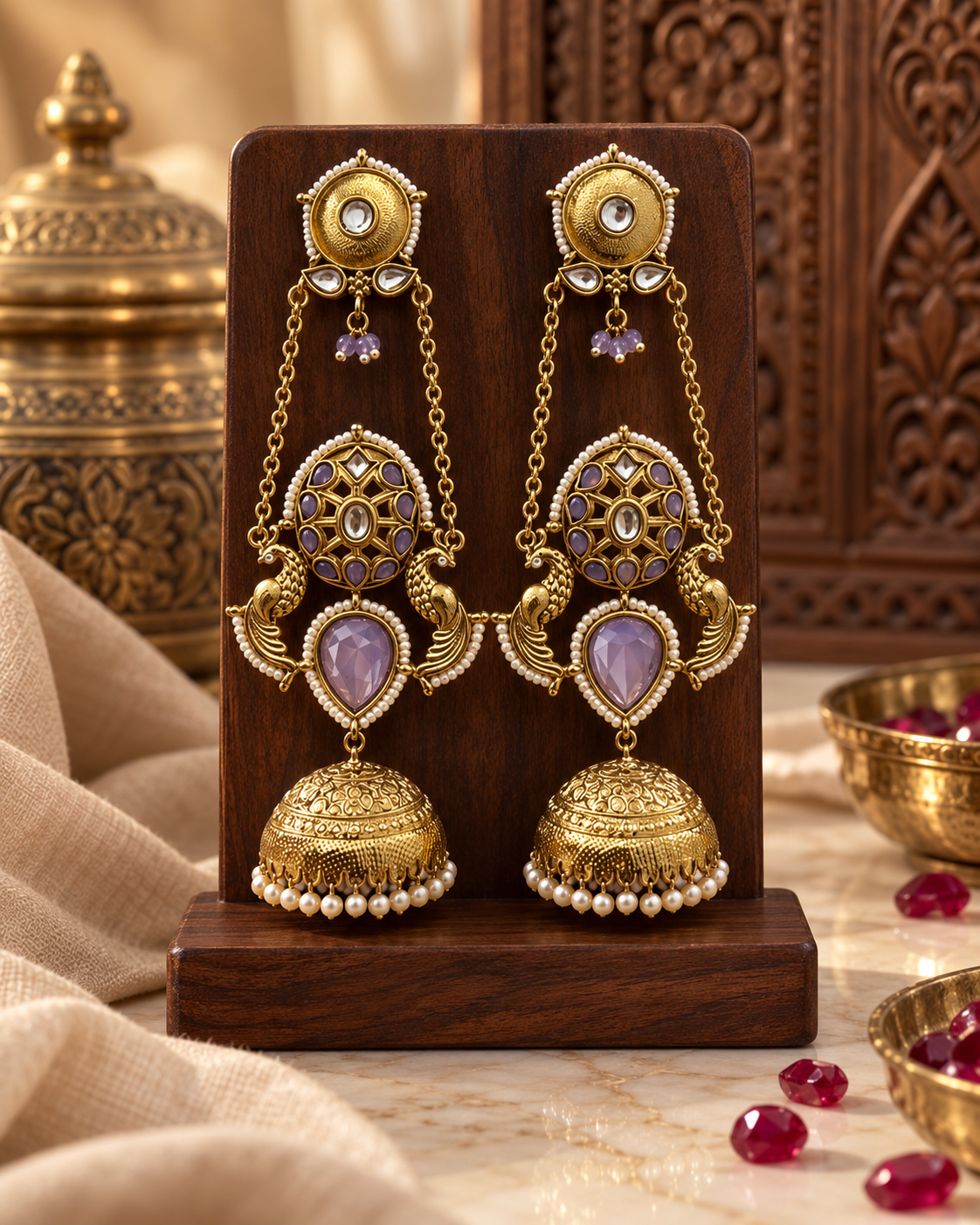 Lavender Jhumki Earrings for Women, Traditional Indian Statement Earrings with Peacock Motif, Pearl Detailing & Long Chain Design for Karwa Chauth, Wedding, Diwali & Festive Wear