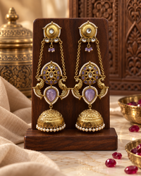 Lavender Jhumki Earrings for Women, Traditional Indian Statement Earrings with Peacock Motif, Pearl Detailing & Long Chain Design for Karwa Chauth, Wedding, Diwali & Festive Wear