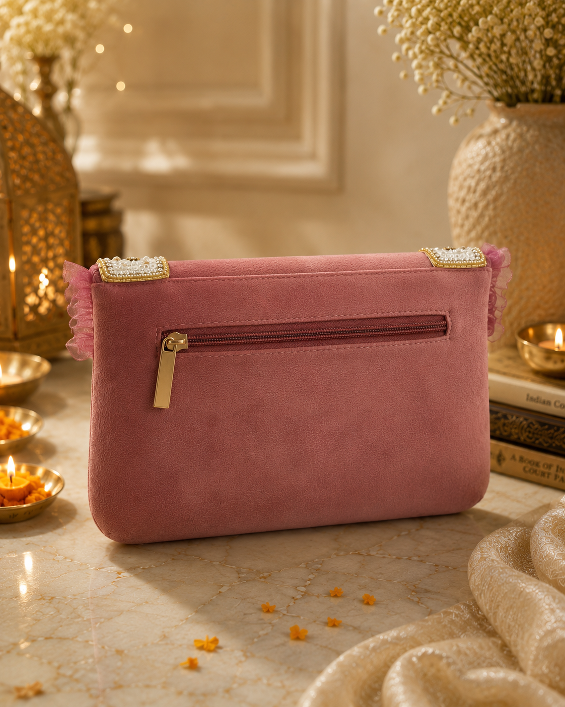 Pink Embroidered Party Clutch Bag | Floral Wedding Handbag