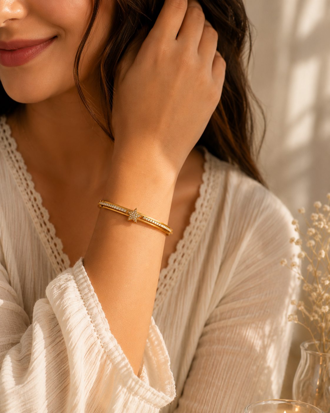 Premium Anti Tarnish Star Crystal Bracelet for Women | Gold Stainless Steel Bangle Bracelet | Waterproof Hypoallergenic Tarnish-Free Jewelry
