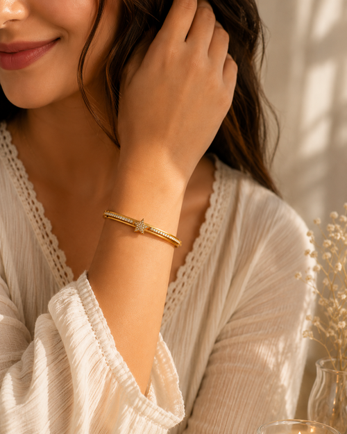 Premium Anti Tarnish Star Crystal Bracelet for Women | Gold Stainless Steel Bangle Bracelet | Waterproof Hypoallergenic Tarnish-Free Jewelry