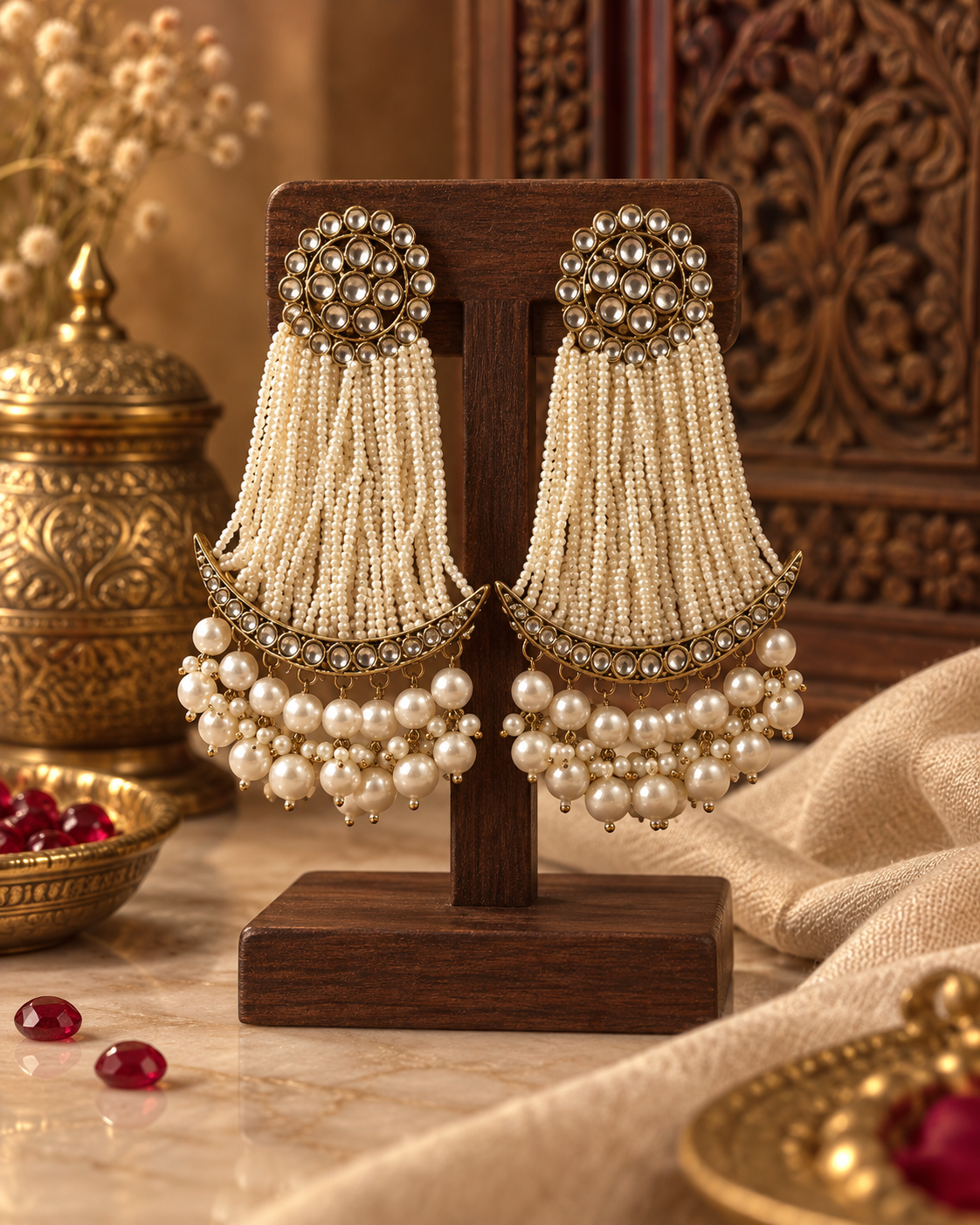 Pearl Chandbali Earrings for Women, Long Indian Ethnic Statement Earrings with Kundan-Style Stones & Pearl Drops, Traditional Wedding & Festive Jewellery