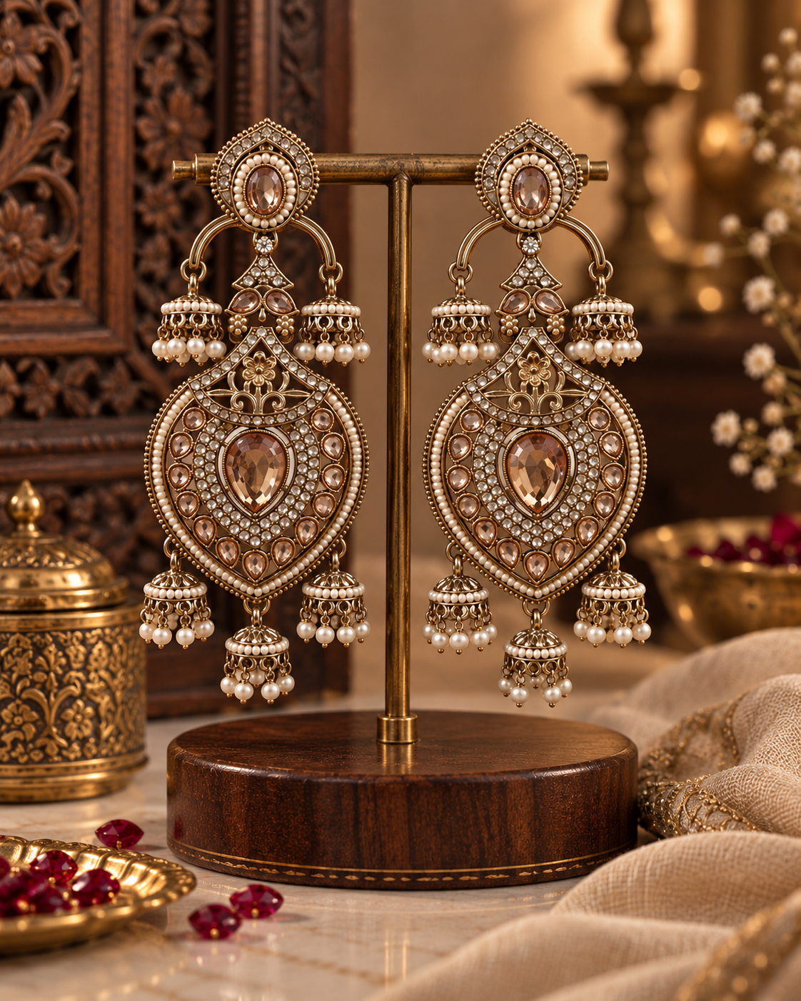 Jhumka Earrings for Women, Traditional Indian Ethnic Jewellery with Pearl Beads & Crystal-Style Stones, Long Statement Earrings for Wedding & Festive Wear
