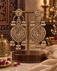 Jhumka Earrings for Women, Traditional Indian Ethnic Jewellery with Pearl Beads & Crystal-Style Stones, Long Statement Earrings for Wedding & Festive Wear