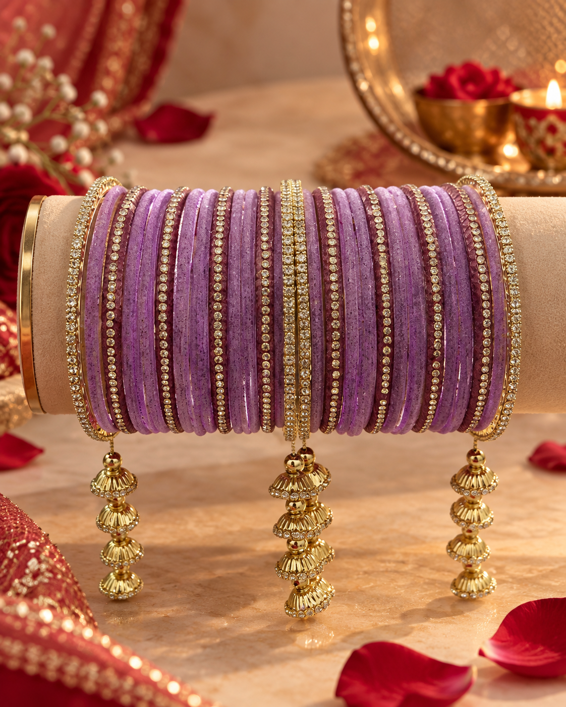 Lavender Velvet Bangles for Women, Designer Stone Studded Kangan Set, Traditional Bridal Jewellery for Wedding Festive Wear, Sizes 2.4 2.6 2.8