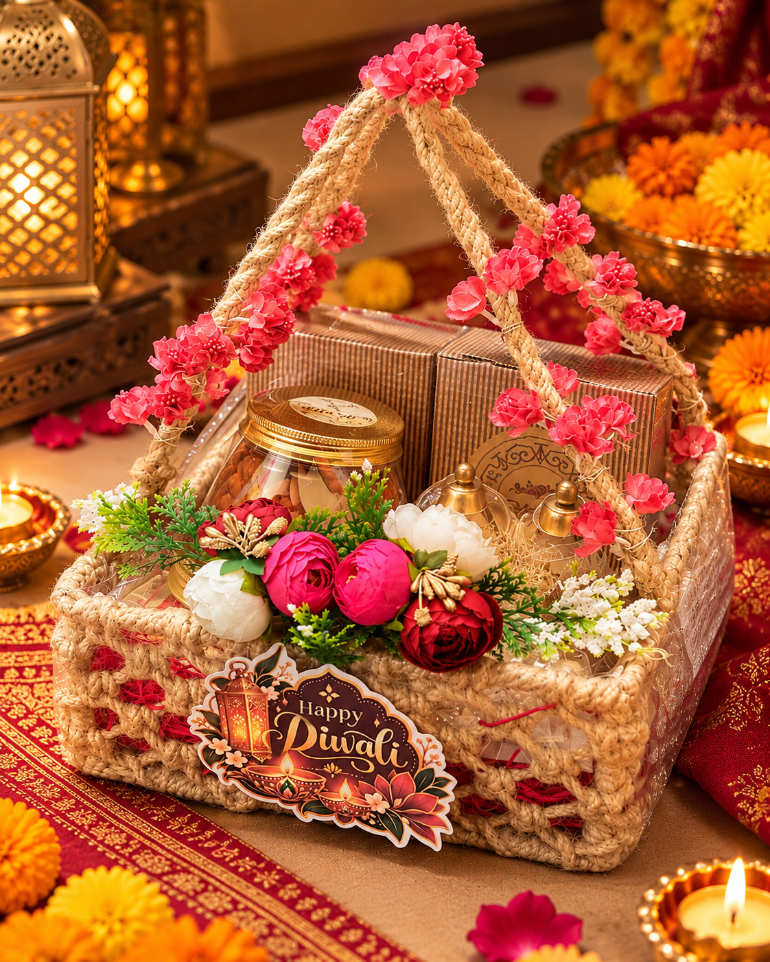 Diwali Gift Hamper with Lantern Candle Holders and Traditional Decor