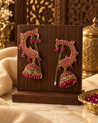 Pink Fish Design Earcuffs with Hair Chain | Traditional Gold-Tone Ethnic Jewellery