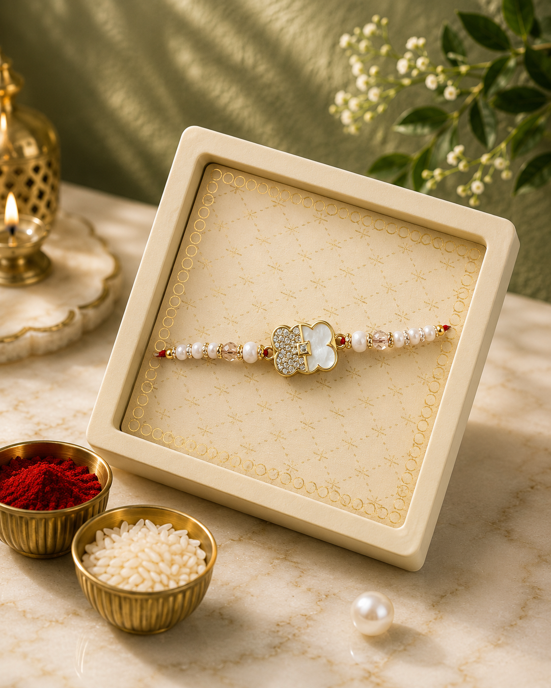 Premium Designer AD Rakhi for Brother | American Diamond Rakhi with Pearl & Crystal Beads | Luxury Handmade Raksha Bandhan Rakhi Gift for Bhai | Jugnu Store