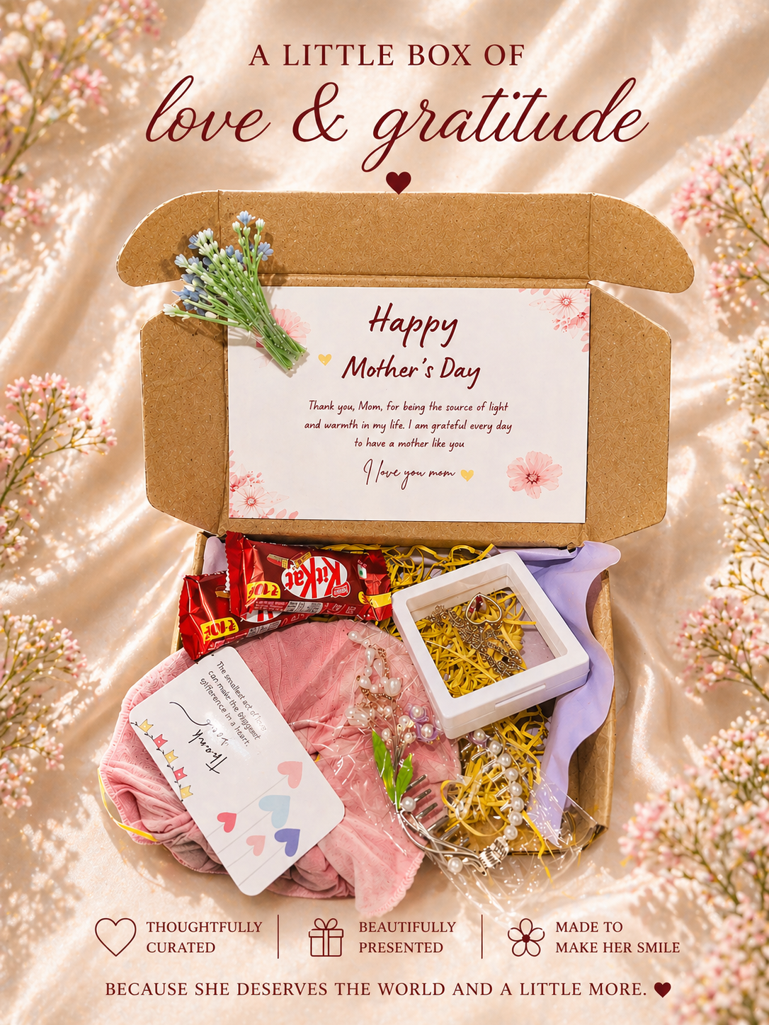 Mother’s Day Gift Box | Scrunchie, Tulip Hair Clip, Heart Pendant & Chocolates Gift Hamper for Mom